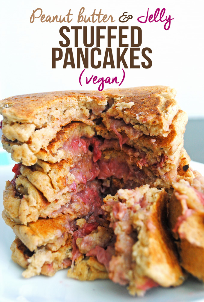 Put a spin on the classic PB&J with these gooey peanut butter and jelly stuffed pancakes! No one will guess they're vegan, whole-wheat, and healthy.