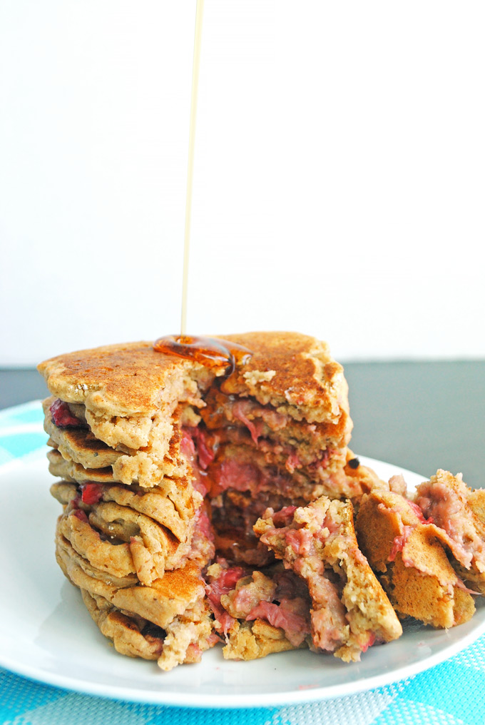Put a spin on the classic PB&J with these gooey peanut butter and jelly stuffed pancakes! No one will guess they're vegan, whole-wheat, and healthy.