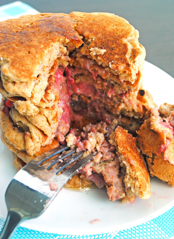 Put a spin on the classic PB&J with these gooey peanut butter and jelly stuffed pancakes! No one will guess they're vegan, whole-wheat, and healthy.