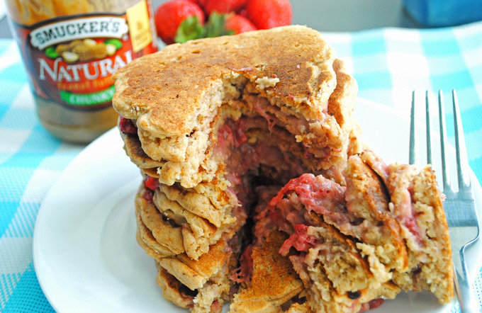 Put a spin on the classic PB&J with these gooey peanut butter and jelly stuffed pancakes! No one will guess they're vegan, whole-wheat, and healthy.