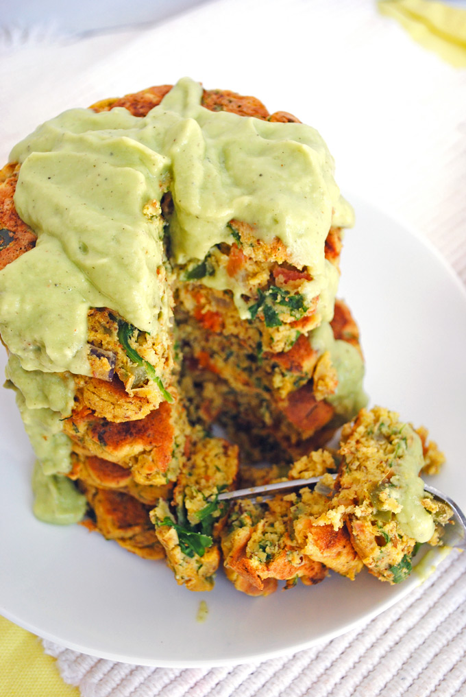 These protein-packed chickpea flour pancakes with vegetables and avocado sauce will keep you feeling satisfied for hours. Enjoy them for any meal!