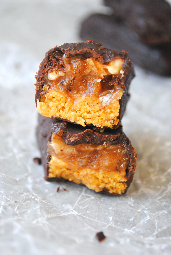 a homemade pumpkin chocolate bar cut in half