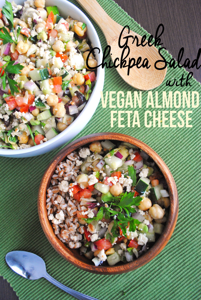 Packed with veggies and fresh Greek flavors, this chickpea salad with tangy vegan almond feta makes a quick, nutritious dinner perfect for lunch leftovers!