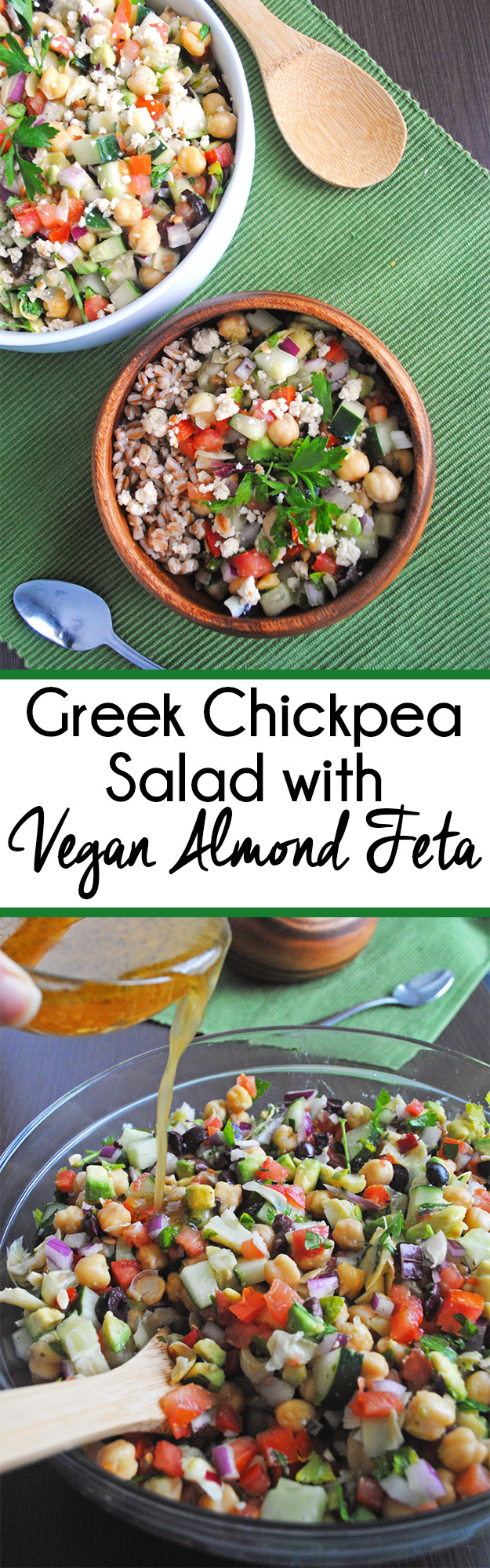 Packed with veggies and fresh Greek flavors, this chickpea salad with tangy vegan almond feta makes a quick, nutritious dinner perfect for lunch leftovers!
