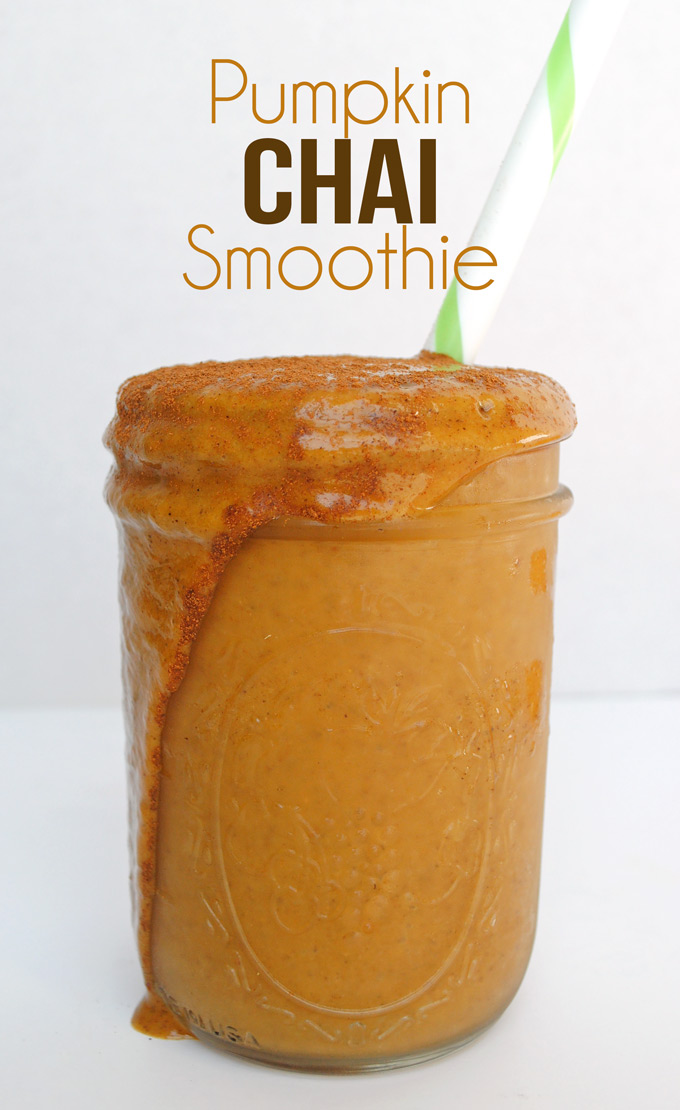 This Pumpkin Chai Smoothie is sweet with a hint of chai spice and great for a snack or healthy dessert! It's filled with all the warm fall flavors.