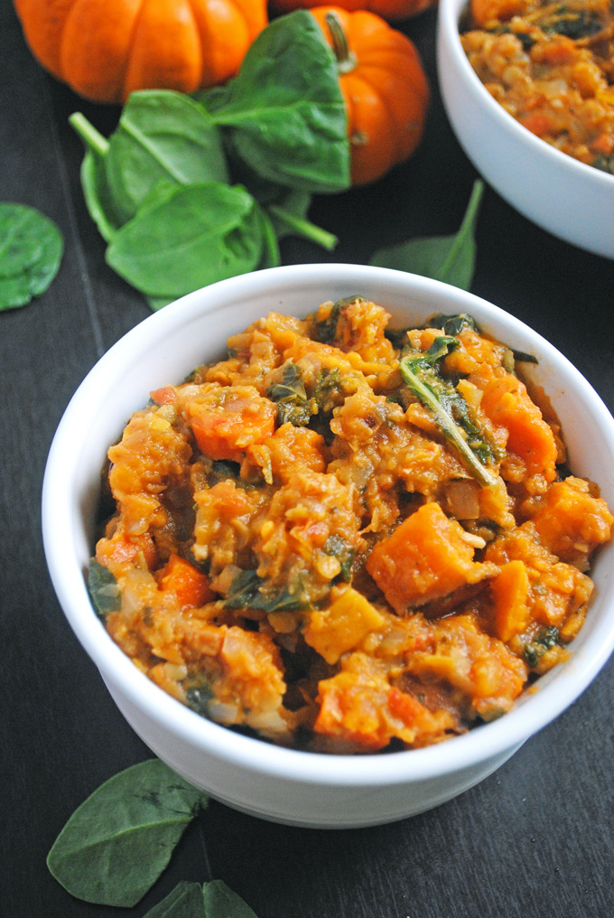 This vegan chili is hearty, comforting, and perfect for fall. Sweet potatoes and carrots add a natural sweetness, and red lentils pack protein!