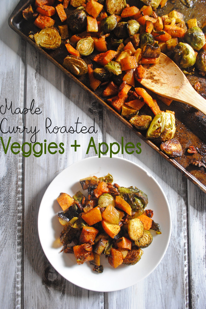 Slightly sweet with a little spice, these Maple Curry Roasted Brussels Sprouts, Butternut Squash and Apples make a delicious side dish for Thanksgiving!