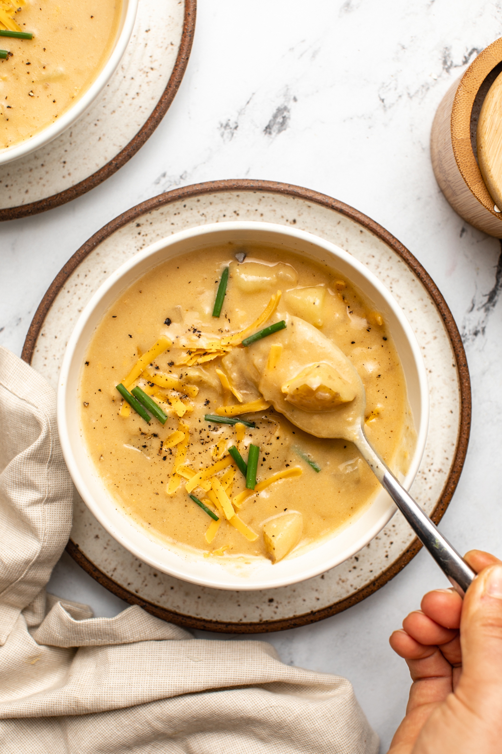 a bowl of vegan potato soup