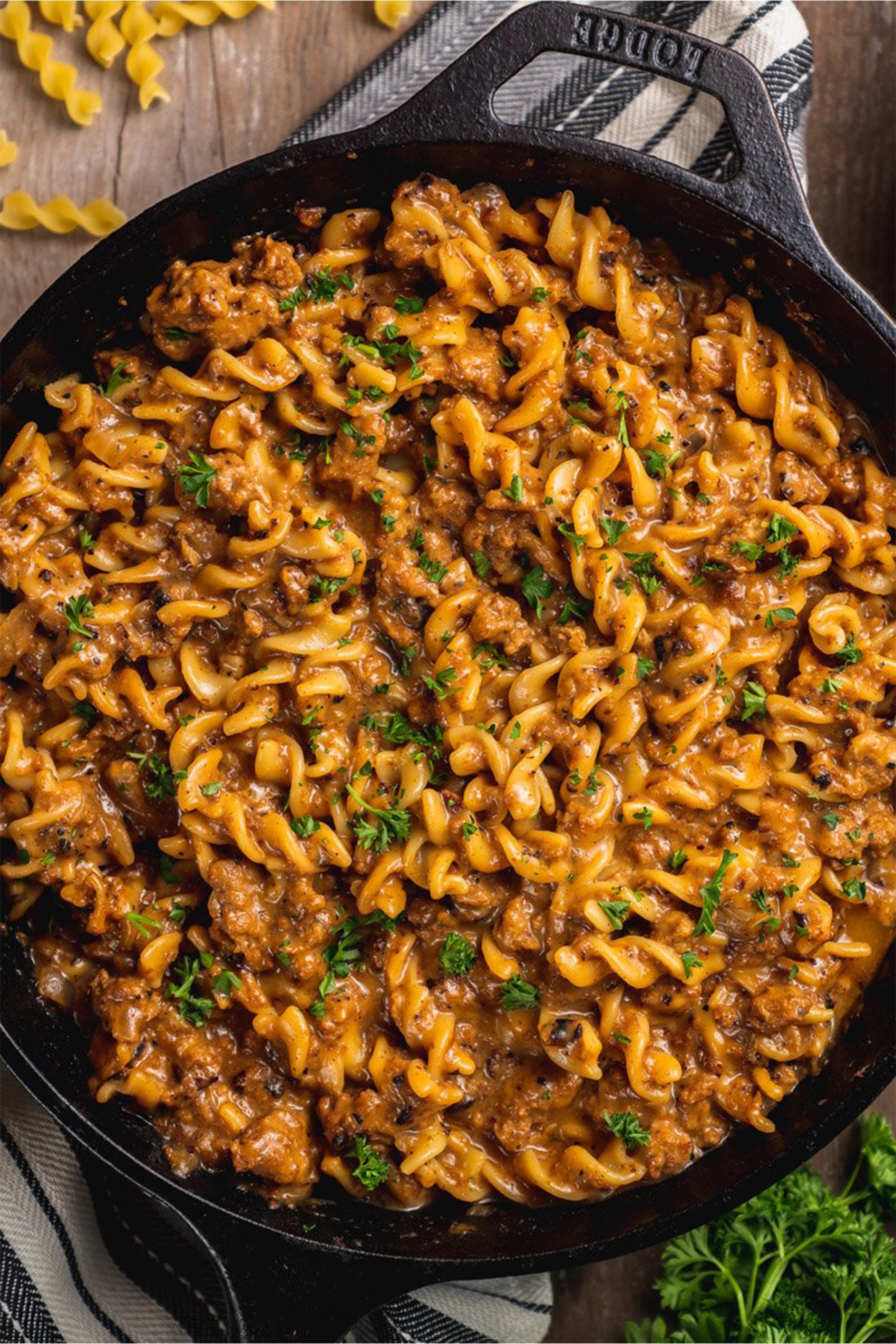 a pot of vegan cheeseburger pasta