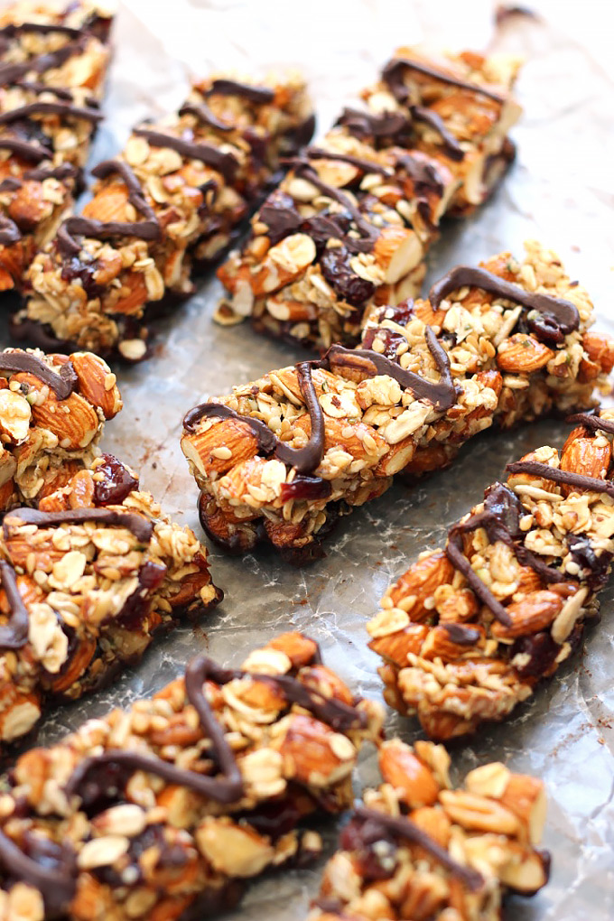 These Dark Chocolate Cherry Almond Granola Bars make great healthy snack and are easily customizable. Plus, they're way cheaper than store-bought bars!