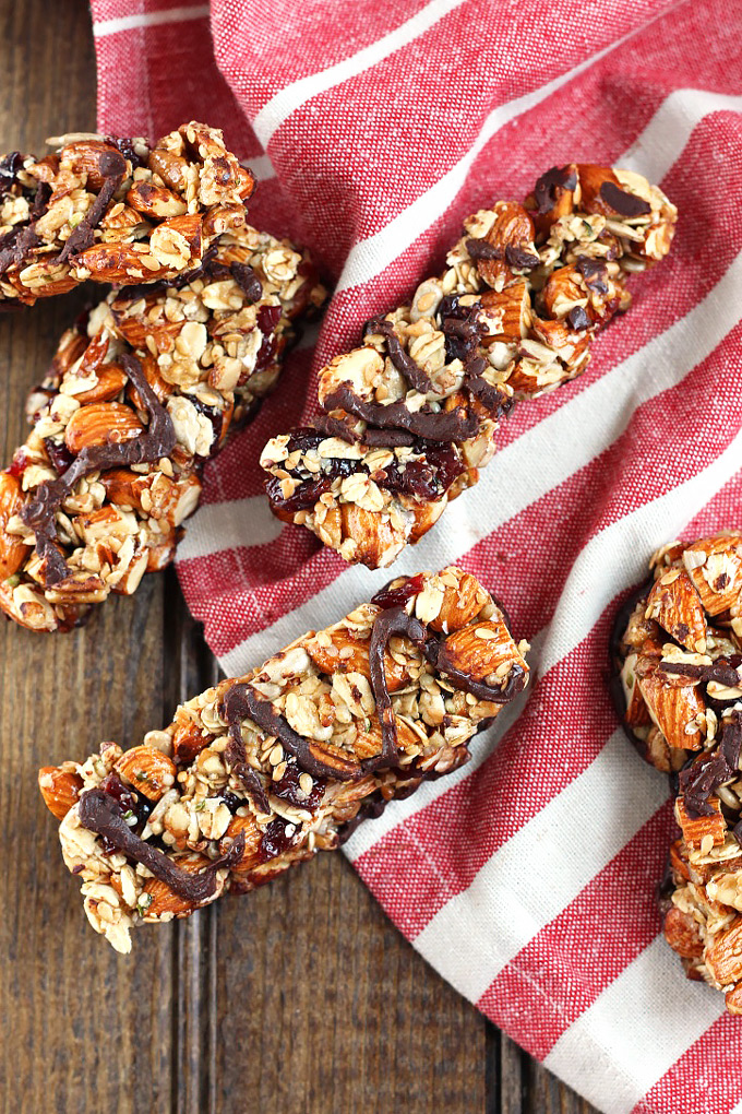 These Dark Chocolate Cherry Almond Granola Bars make great healthy snack and are easily customizable. Plus, they're way cheaper than store-bought bars!