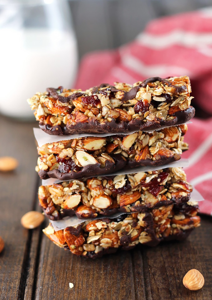 These Dark Chocolate Cherry Almond Granola Bars make great healthy snack and are easily customizable. Plus, they're way cheaper than store-bought bars!