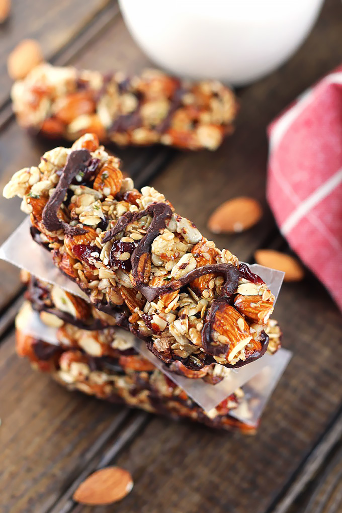 These Dark Chocolate Cherry Almond Granola Bars make great healthy snack and are easily customizable. Plus, they're way cheaper than store-bought bars!