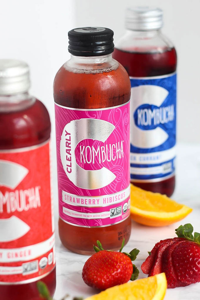 Enjoy this gut-friendly sparkling drink at your next party or brunch! A Strawberry Kombucha Mimosa is a great way to keep happy hour healthy.