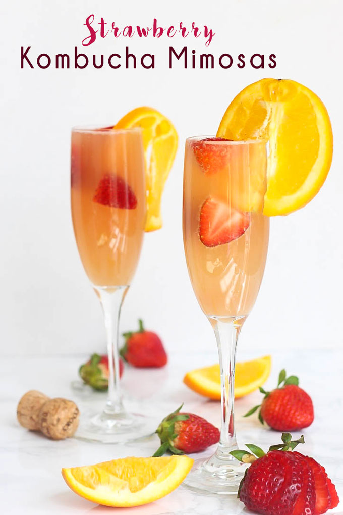 Enjoy this gut-friendly sparkling drink at your next party or brunch! A Strawberry Kombucha Mimosa is a great way to keep happy hour healthy.