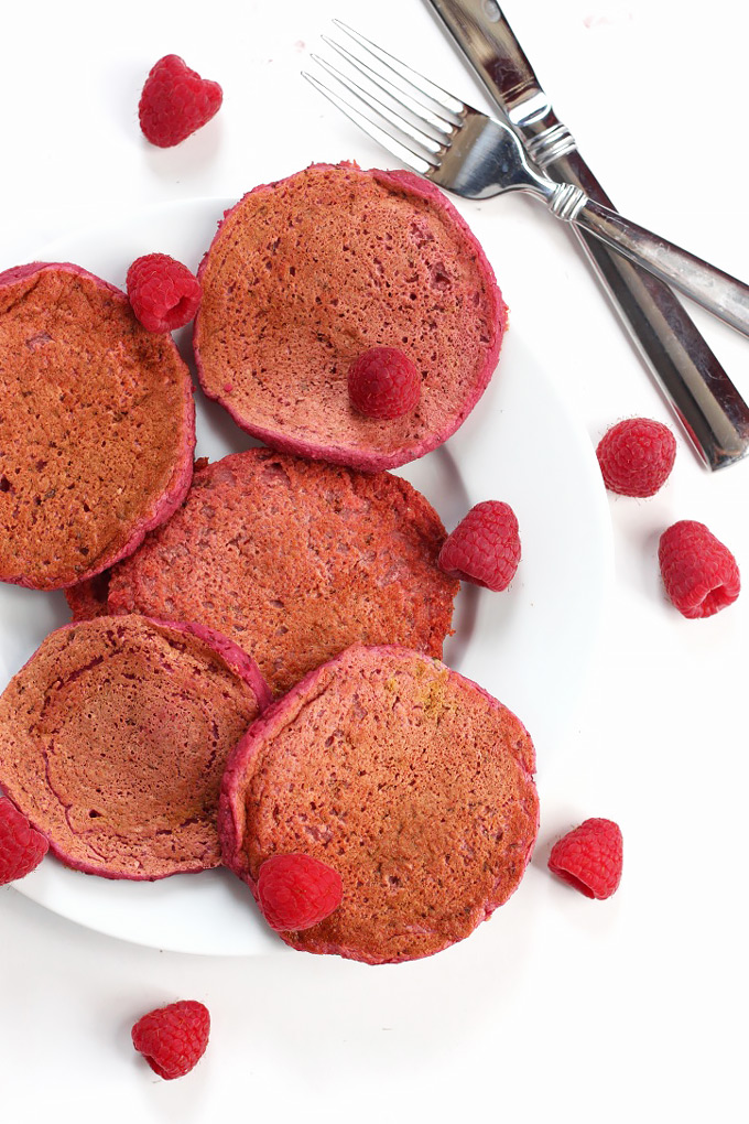 Treat your loved ones on Valentine's day with these tasty Red Velvet Beet Pancakes! The pink color is completely natural, plus they're vegan & gluten-free.