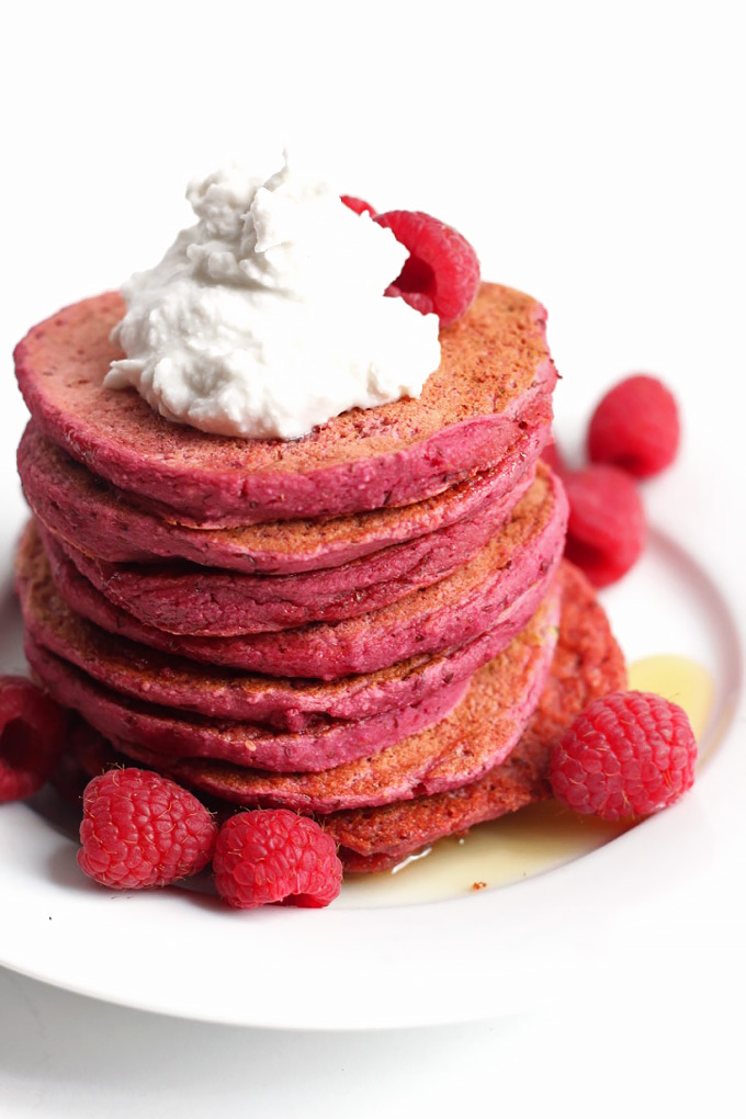 Treat your loved ones on Valentine's day with these tasty Red Velvet Beet Pancakes! The pink color is completely natural, plus they're vegan & gluten-free.