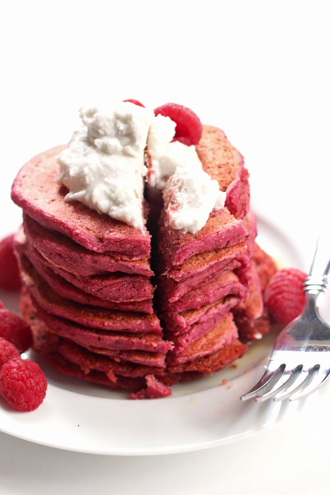 Treat your loved ones on Valentine's day with these tasty Red Velvet Beet Pancakes! The pink color is completely natural, plus they're vegan & gluten-free.