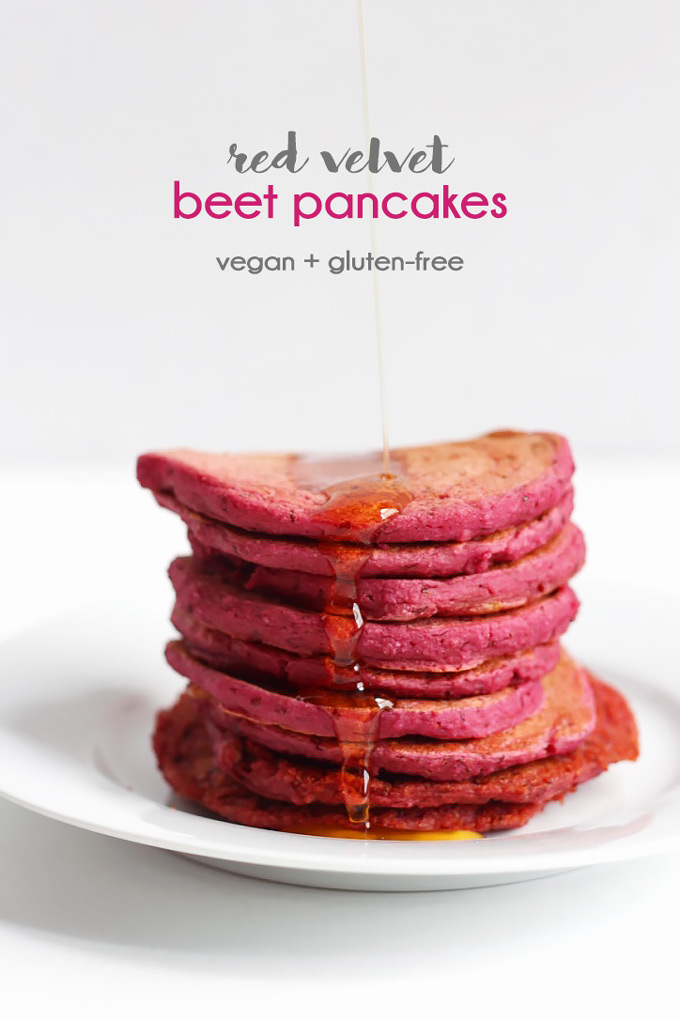 Treat your loved ones on Valentine's day with these tasty Red Velvet Beet Pancakes! The pink color is completely natural, plus they're vegan & gluten-free.