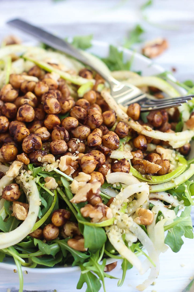 The natural sweetness of apple and cinnamon perfectly complement peppery arugula in this fresh Apple Arugula Salad. The chickpeas add a delicious crunch!