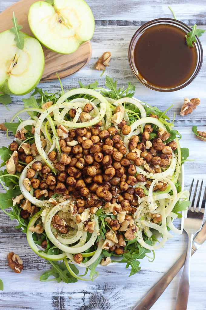 The natural sweetness of apple and cinnamon perfectly complement peppery arugula in this fresh Apple Arugula Salad. The chickpeas add a delicious crunch!