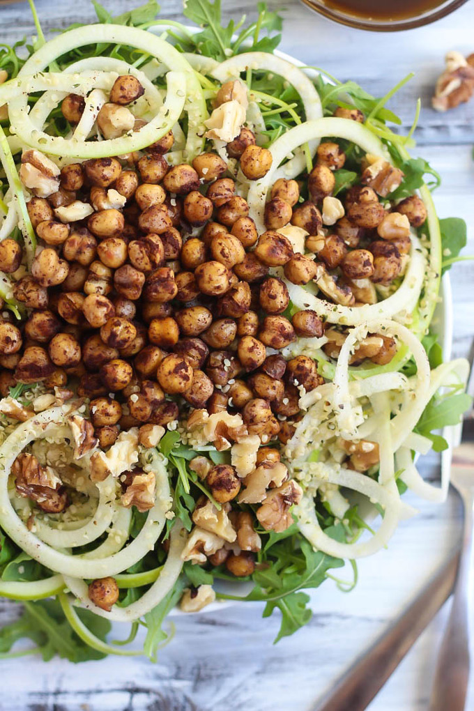 The natural sweetness of apple and cinnamon perfectly complement peppery arugula in this fresh Apple Arugula Salad. The chickpeas add a delicious crunch!