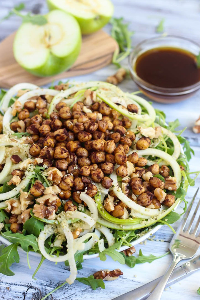 The natural sweetness of apple and cinnamon perfectly complement peppery arugula in this fresh Apple Arugula Salad. The chickpeas add a delicious crunch!