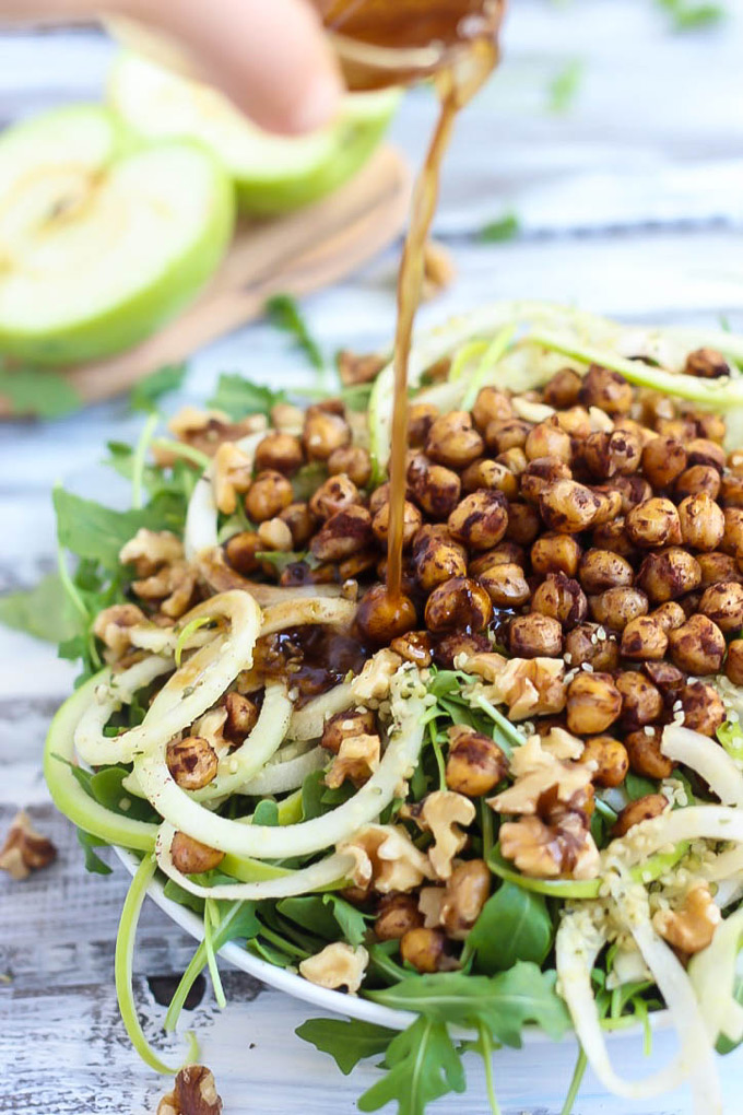 The natural sweetness of apple and cinnamon perfectly complement peppery arugula in this fresh Apple Arugula Salad. The chickpeas add a delicious crunch!