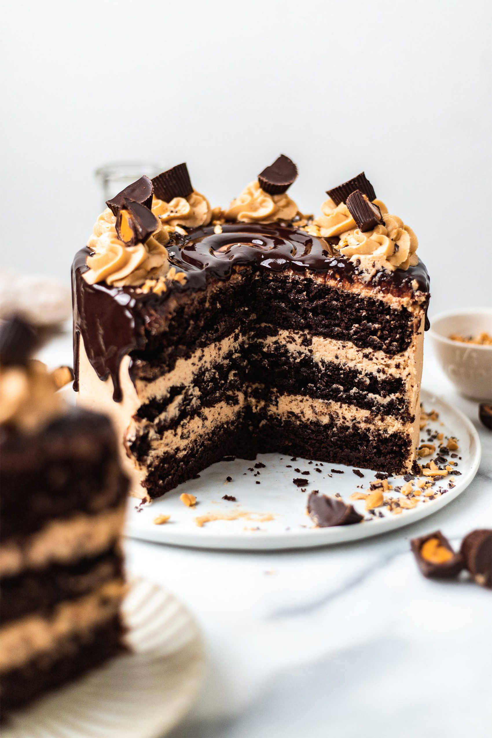 a peanut butter chocolate vegan layer cake