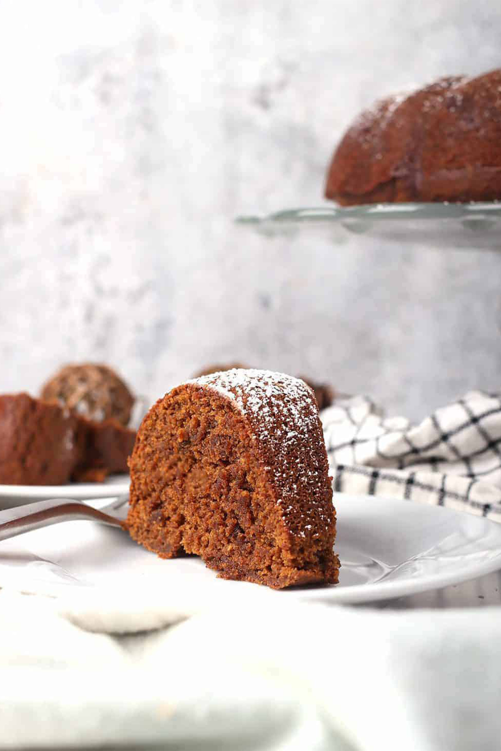 a slice of a vegan spiced bundt cake