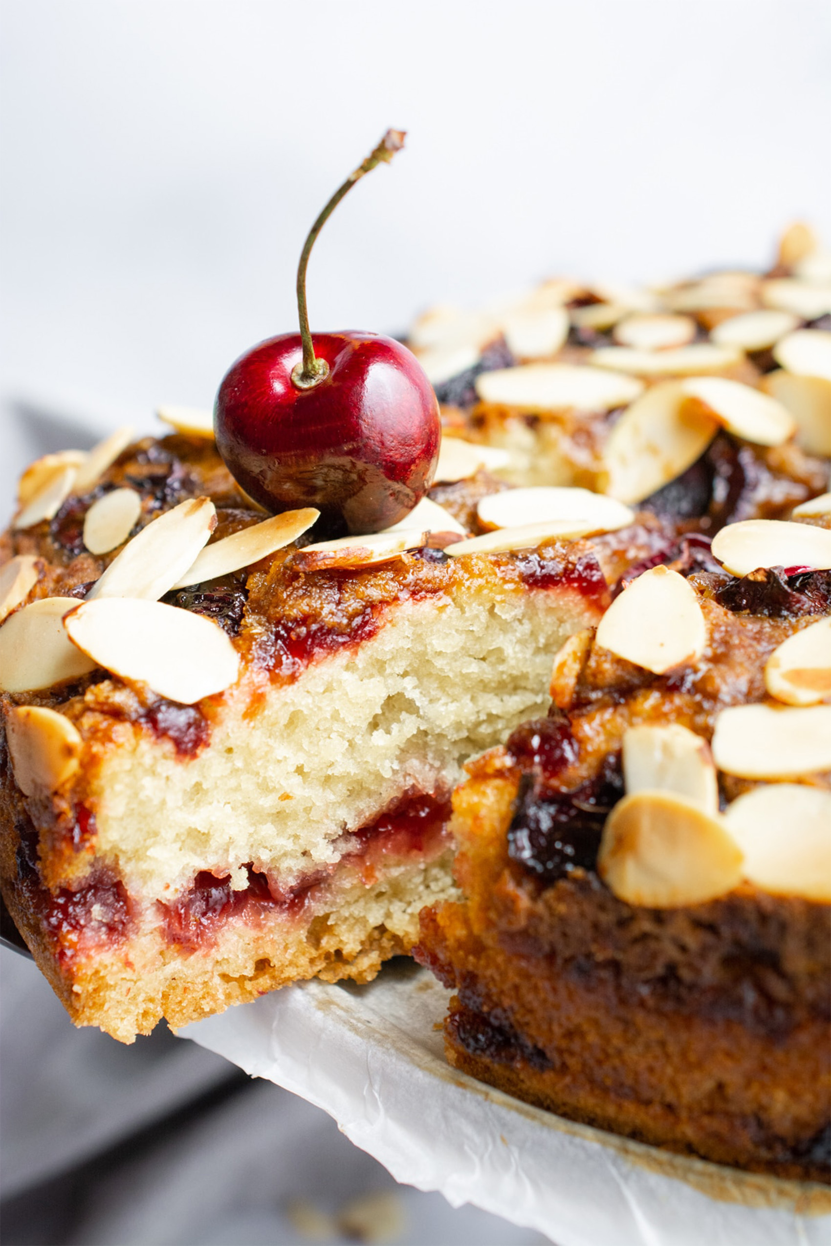 a cherry almond coffee cake