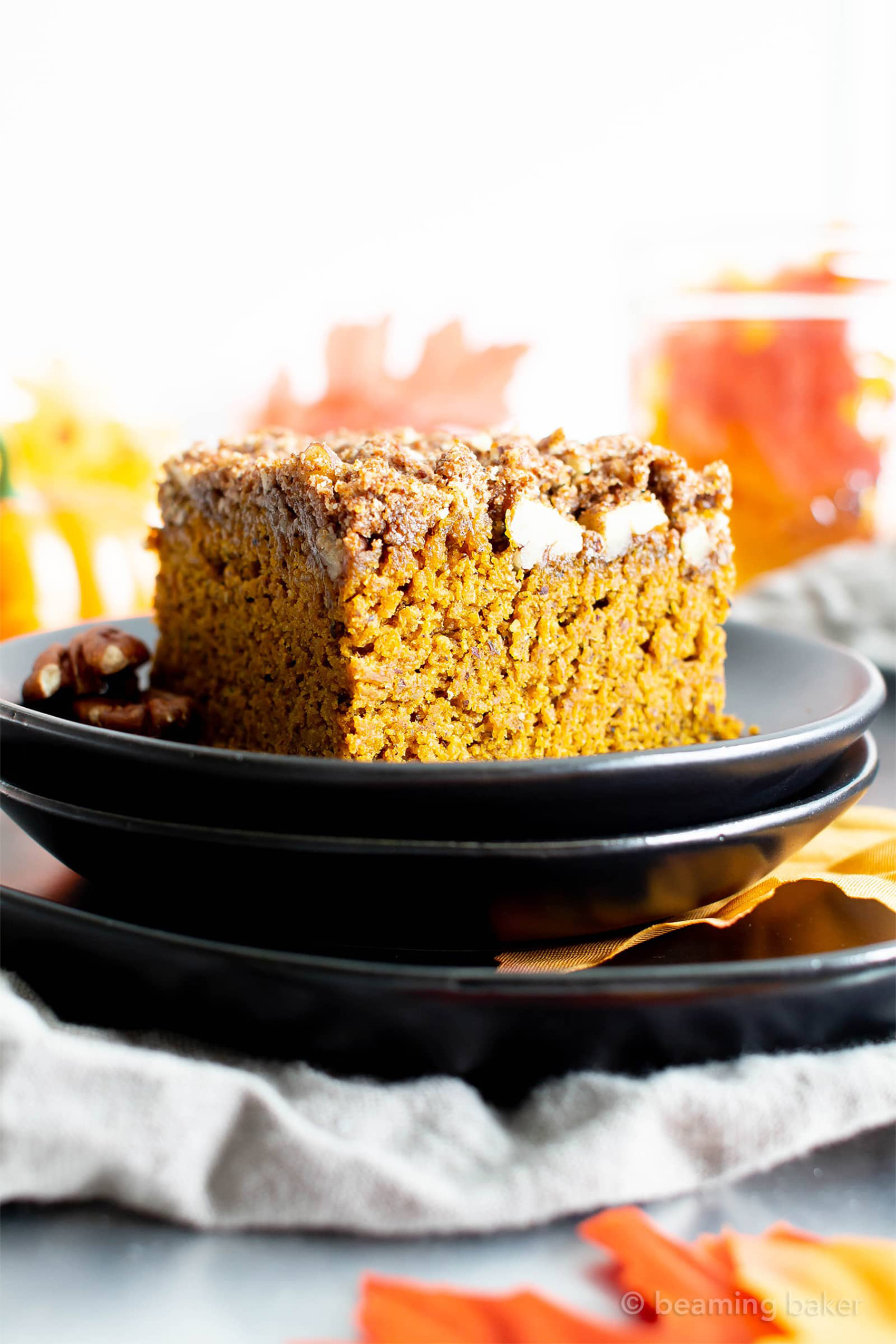 a slice of pumpkin coffee cake