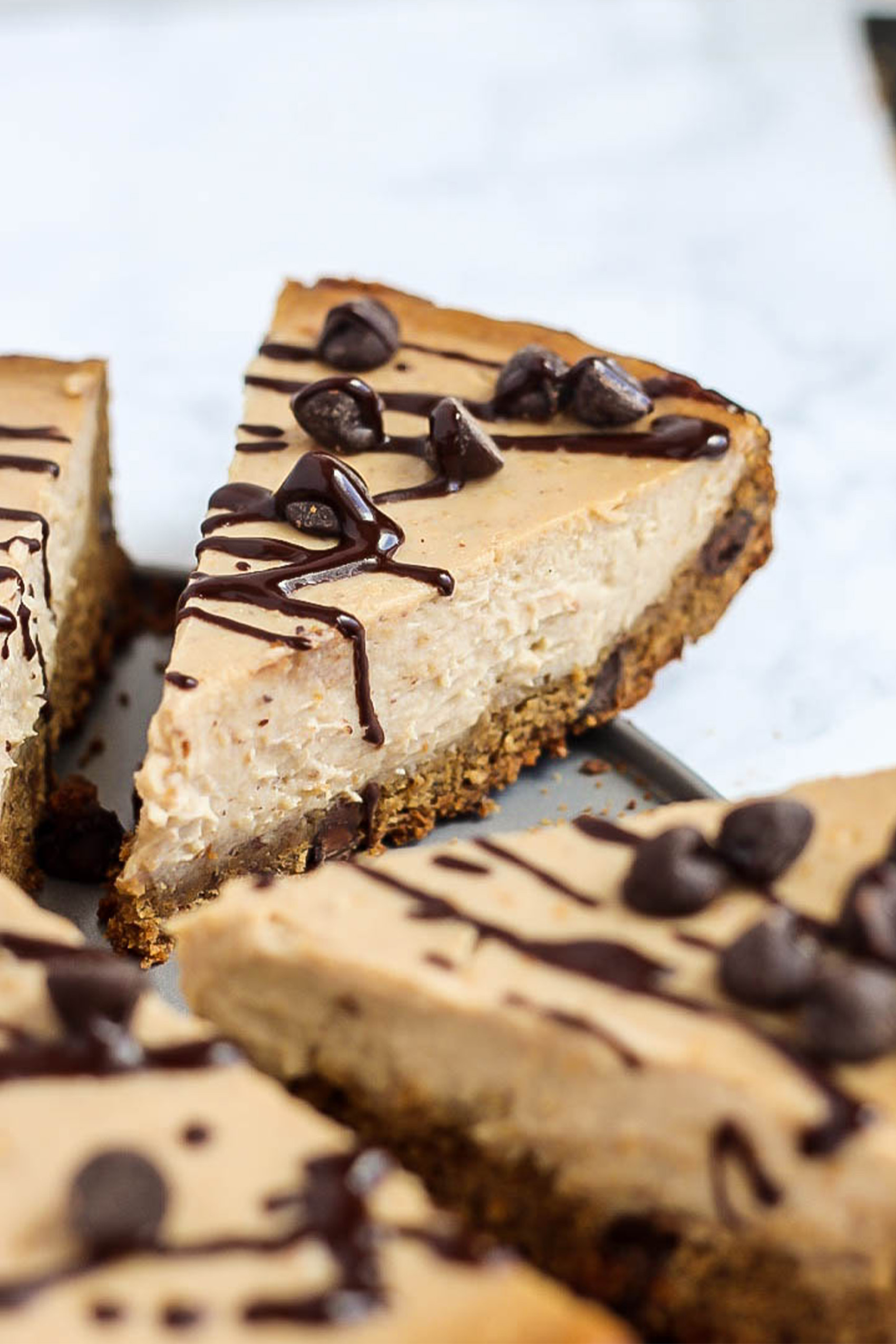 a vegan chocolate chip cookie cheesecake