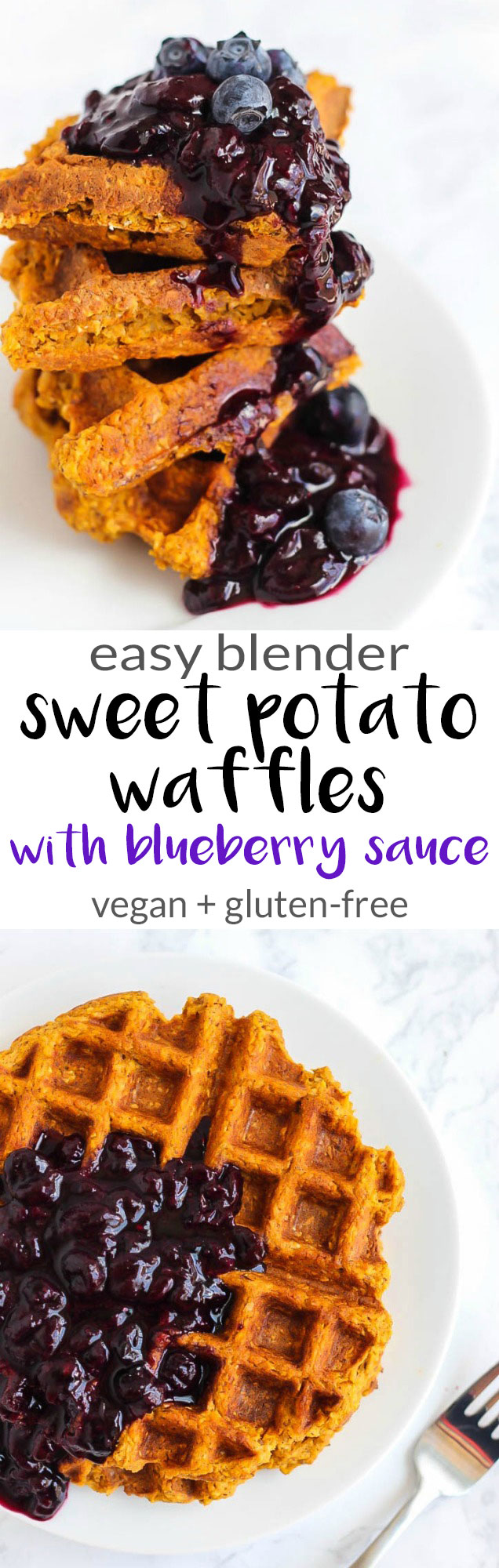 Add some vegetables to your breakfast routine with these decadent Sweet Potato Waffles with Blueberry Sauce! Vegan, gluten-free, and made in the blender.
