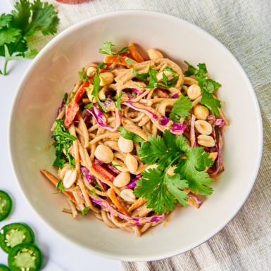 a bowl of vegan peanut soba noodles served with cilantro, peanuts and vegetables