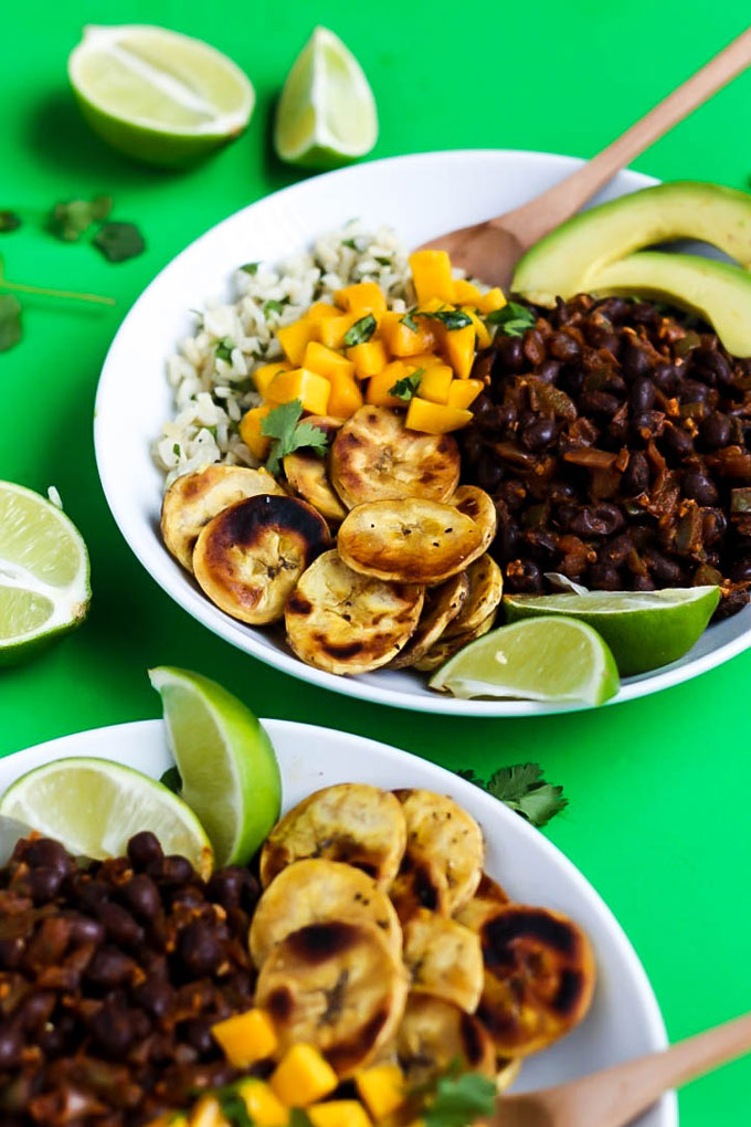 With a little heat and lots of flavor, these Black Bean Cilantro Lime Rice Bowls with Plantains make a healthy dinner or lunch recipe! Your burrito bowl night just got a whole lot better. V + GF.