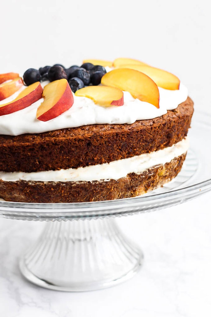 Full of juicy peaches, this Vegan & Gluten-Free Vanilla Peach Cake is a great healthier dessert made with grain-free ingredients you can feel good about.