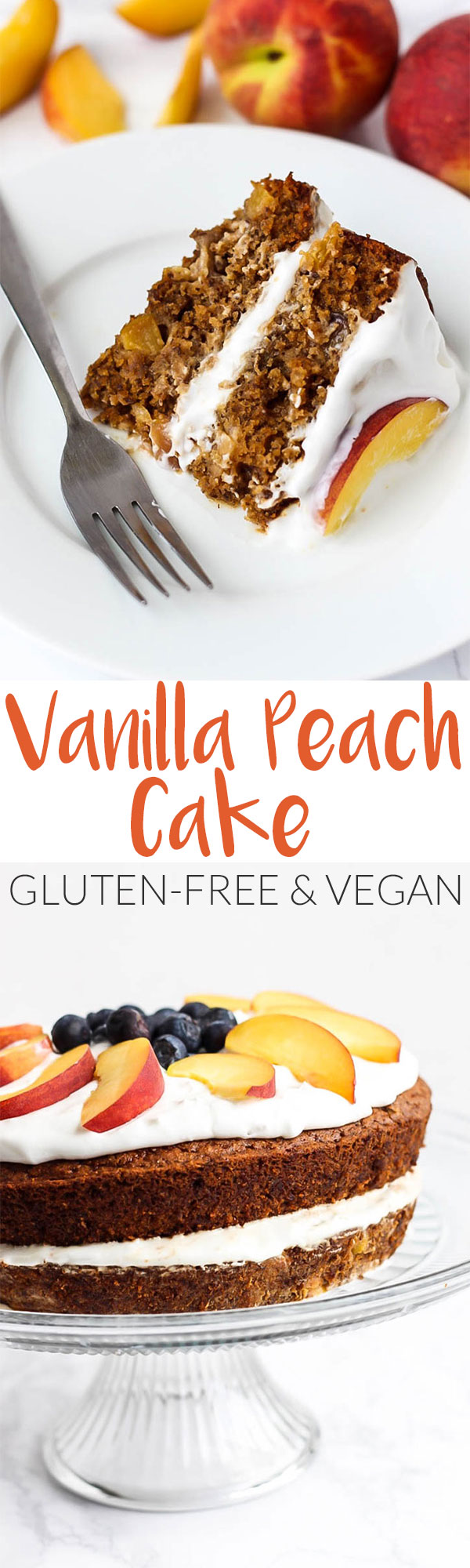 Full of juicy peaches, this Vegan & Gluten-Free Vanilla Peach Cake is a great healthier dessert made with grain-free ingredients you can feel good about.