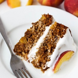 Full of juicy peaches, this Vegan & Gluten-Free Vanilla Peach Cake is a great healthier dessert made with grain-free ingredients you can feel good about.