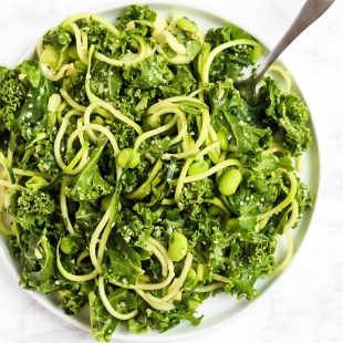 Feed your body all the healthy green things with this vegan Green Goddess Avocado Kale Salad with edamame & zucchini! You'll be glowing from the inside out.