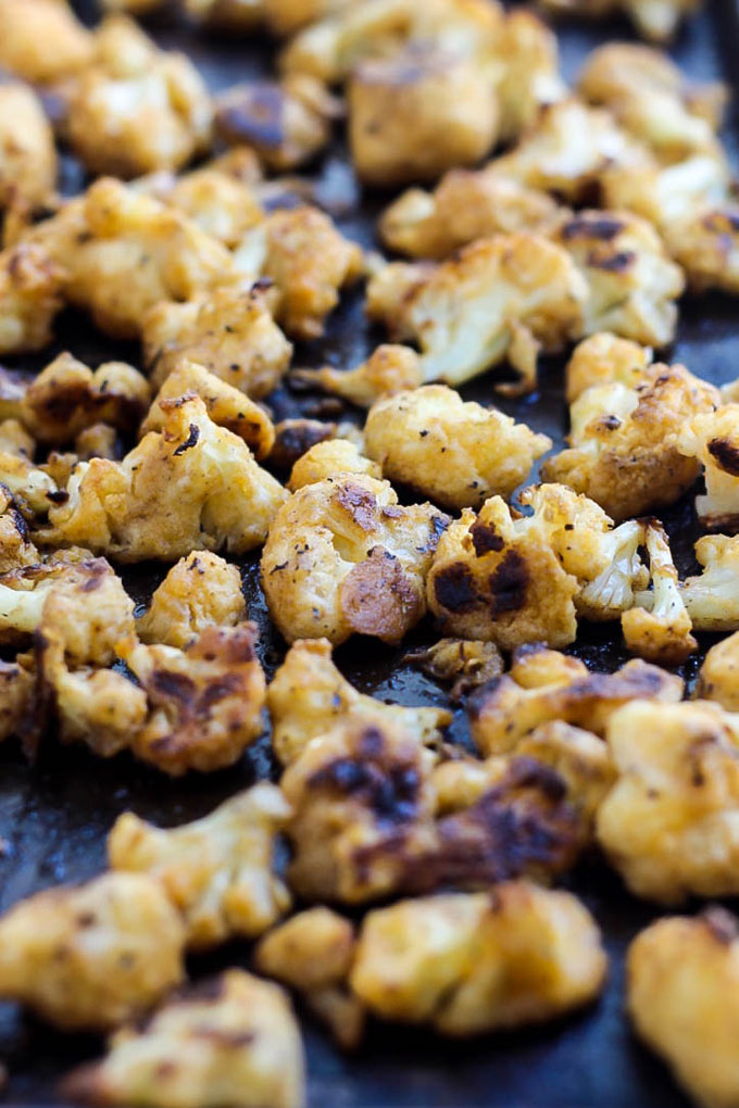 a sheet tray of roasted cauliflower