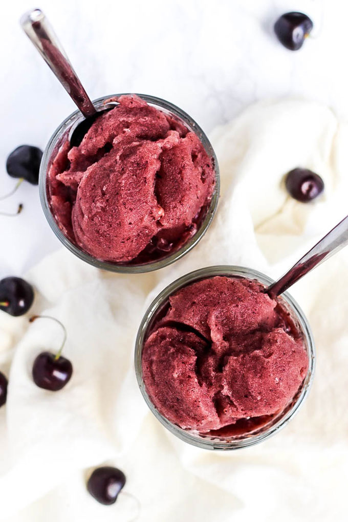 You only need three simple ingredients for this healthy & refreshing Cherry Watermelon Sorbet. A delicious, fruity treat that's vegan & gluten-free!