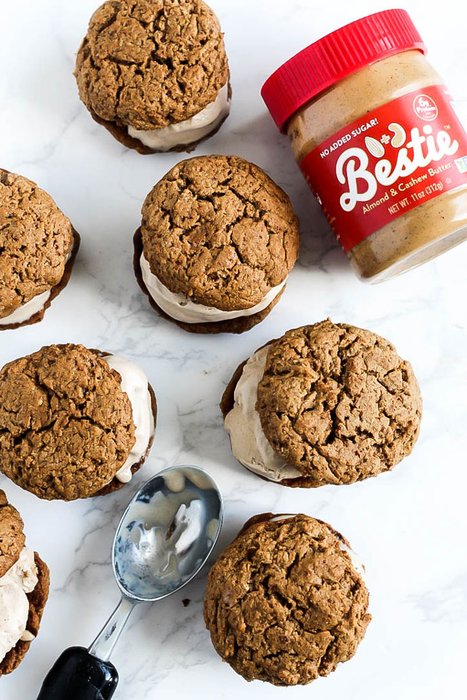 Cookies & ice cream are a match made in heaven in these Almond Butter Snickerdoodle Ice Cream Sandwiches! A decadent vegan & gluten-free treat for any time.