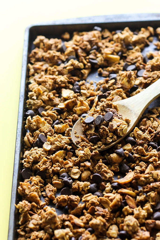 Peanut butter, banana & chocolate come together perfectly in this oil-free Chunky Monkey Granola! It's a healthy, sweet snack or breakfast to fuel your day.