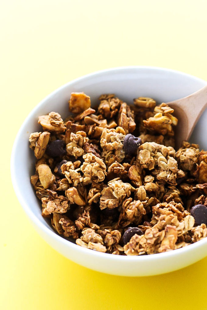 Peanut butter, banana & chocolate come together perfectly in this oil-free Chunky Monkey Granola! It's a healthy, sweet snack or breakfast to fuel your day.