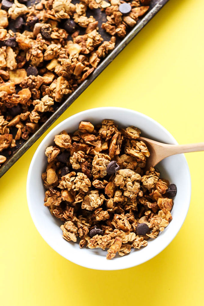 Peanut butter, banana & chocolate come together perfectly in this oil-free Chunky Monkey Granola! It's a healthy, sweet snack or breakfast to fuel your day.