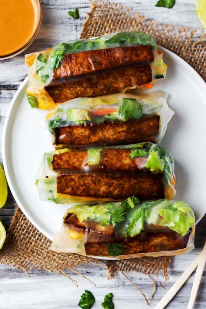 Enjoy a few Teriyaki Tofu Spring Rolls for a healthy lunch or dinner that's packed with fresh vegetables! Vegan, gluten-free & ready in under 1 hour.