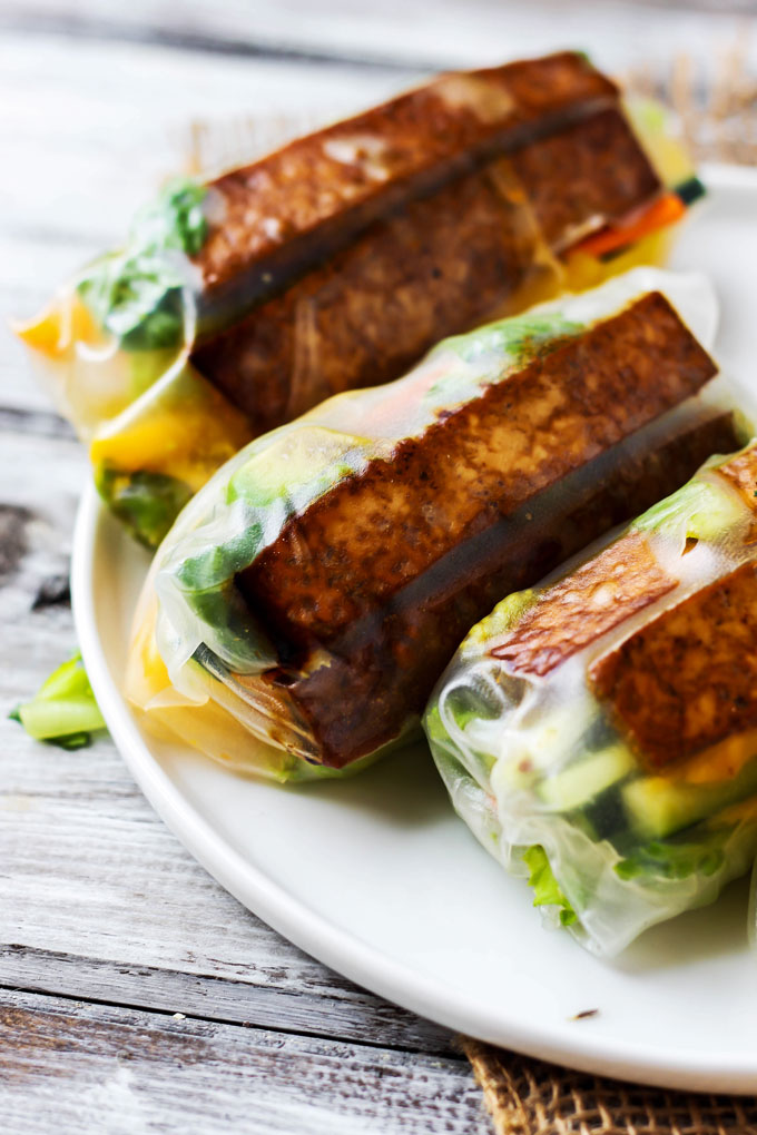 Enjoy a few Teriyaki Tofu Spring Rolls for a healthy lunch or dinner that's packed with fresh vegetables! Vegan, gluten-free & ready in under 1 hour.