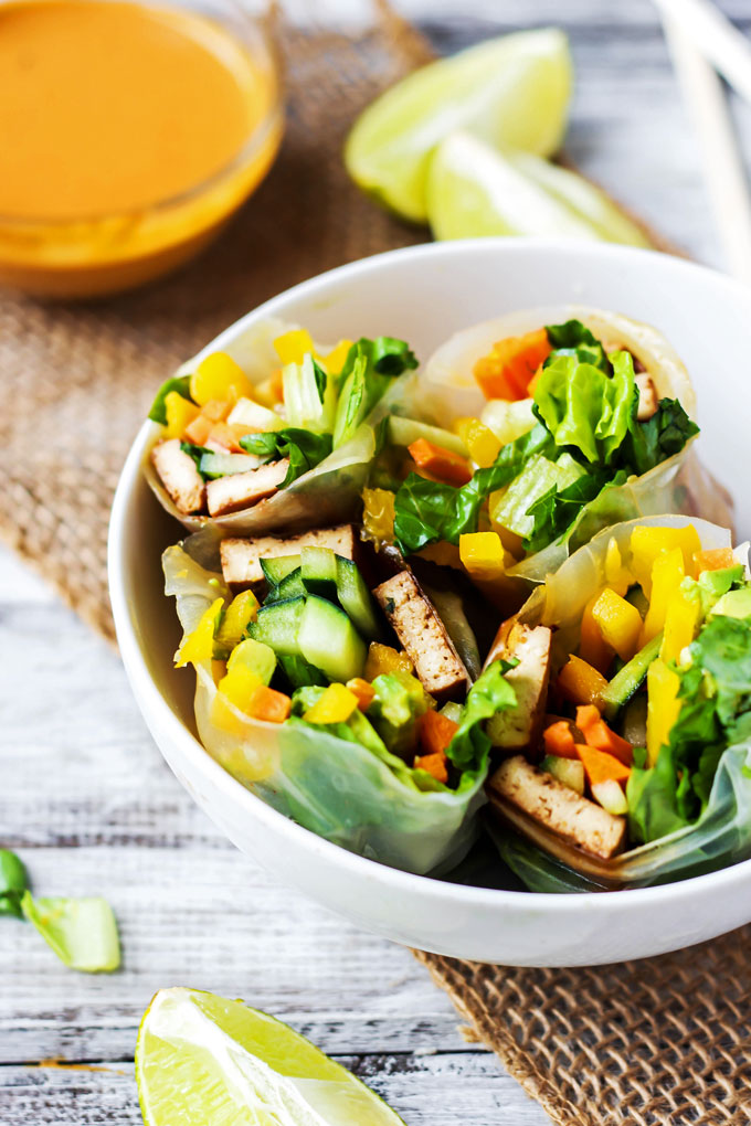 Enjoy a few Teriyaki Tofu Spring Rolls for a healthy lunch or dinner that's packed with fresh vegetables! Vegan, gluten-free & ready in under 1 hour.