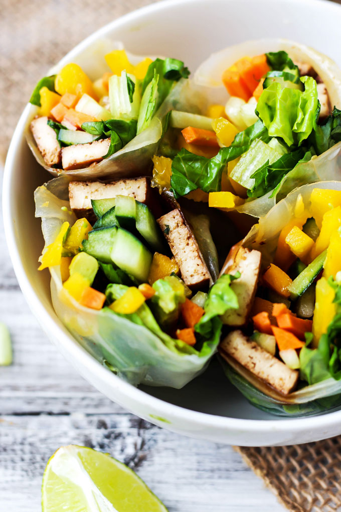 Enjoy a few Teriyaki Tofu Spring Rolls for a healthy lunch or dinner that's packed with fresh vegetables! Vegan, gluten-free & ready in under 1 hour.